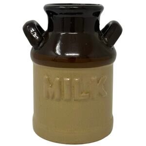Vintage 70s Stoneware Milk Jug Brown Tan Glaze Rustic Farmhouse Decor